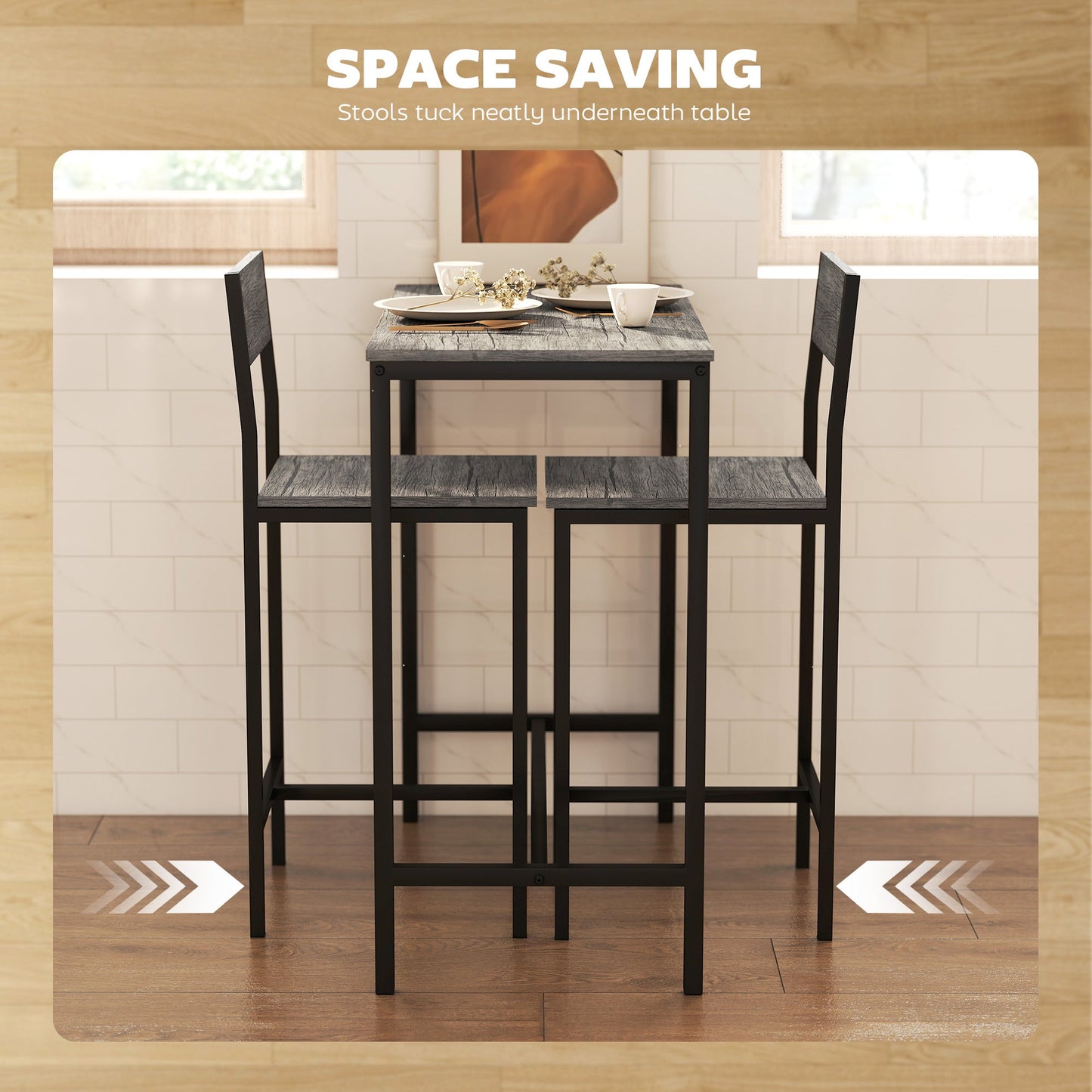 HOMCOM 3-Piece Bar Table Set with 2 Stools, Industrial Breakfast Bar Set with Footrest, Backrest for Dining Room, Small Space