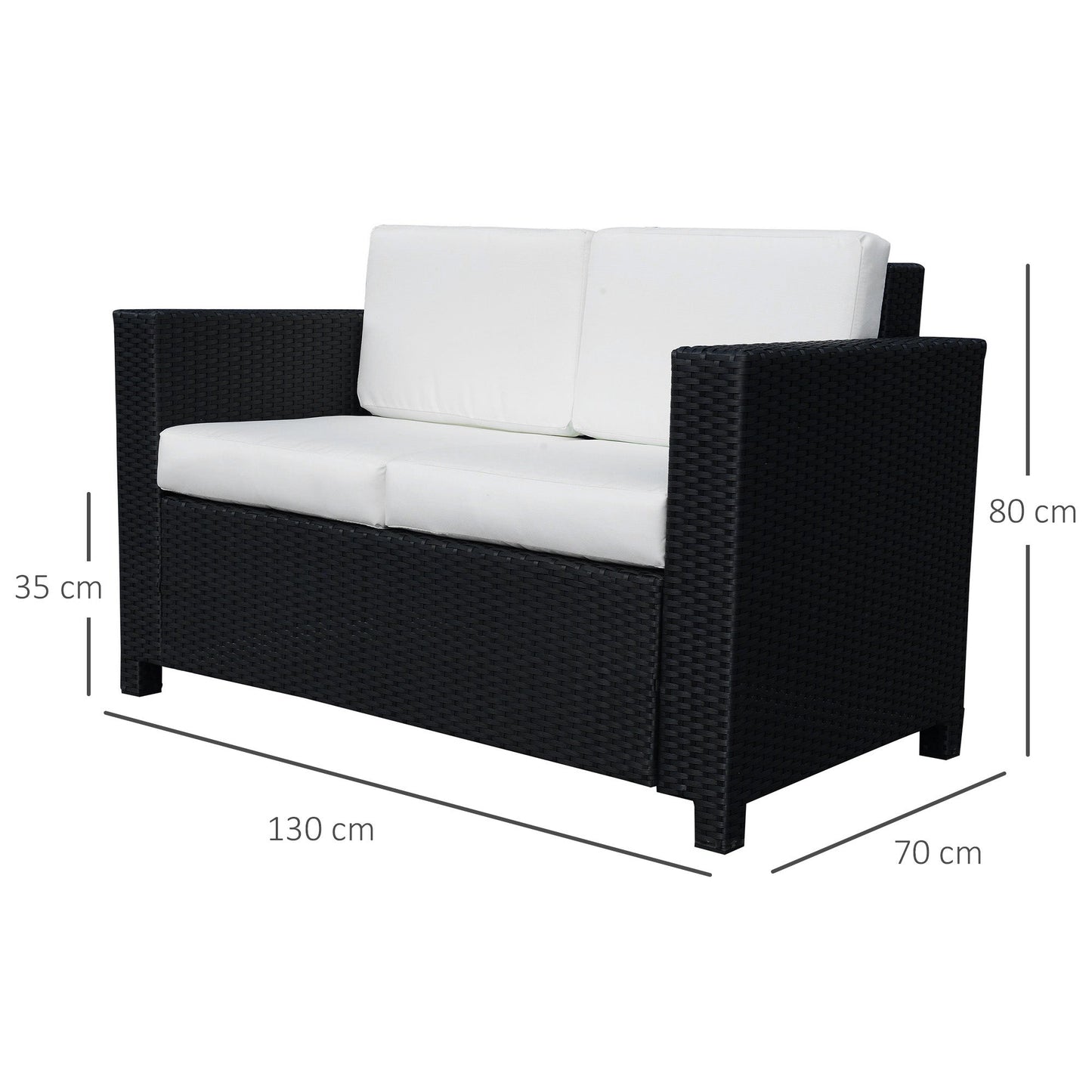 Outsunny Rattan Sofa, 2 Seater Garden Furniture with Soft Padded Cushion and Armrests, Wicker Garden Loveseat for Patio, Black