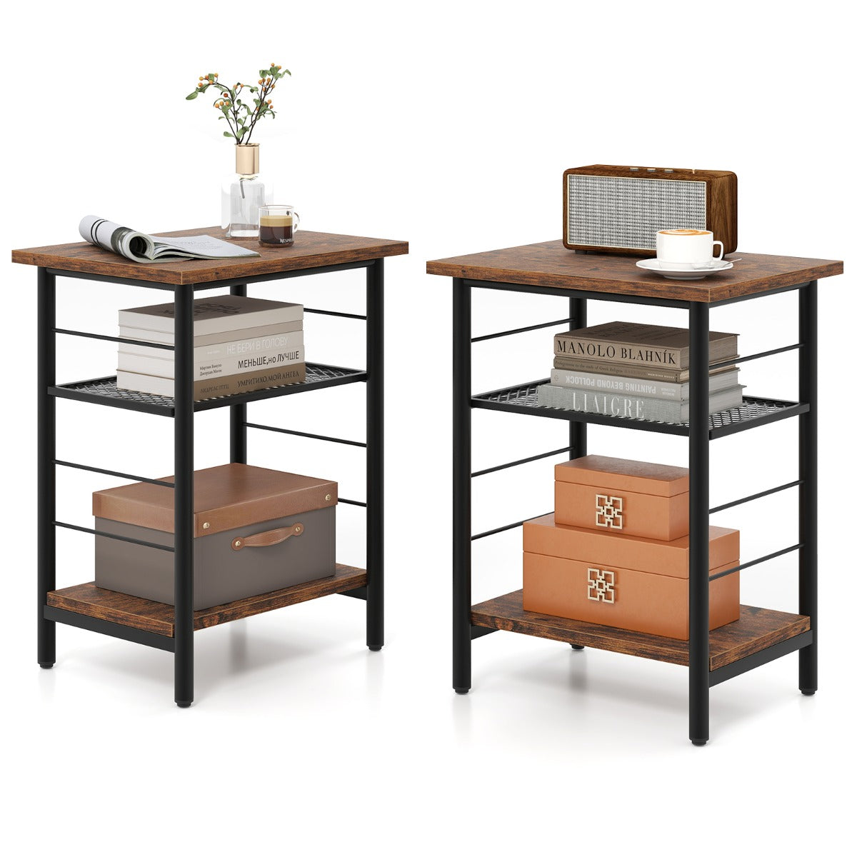 3-Tier Side Table with Height Adjustable Metal Mesh Shelf-Rustic Brown