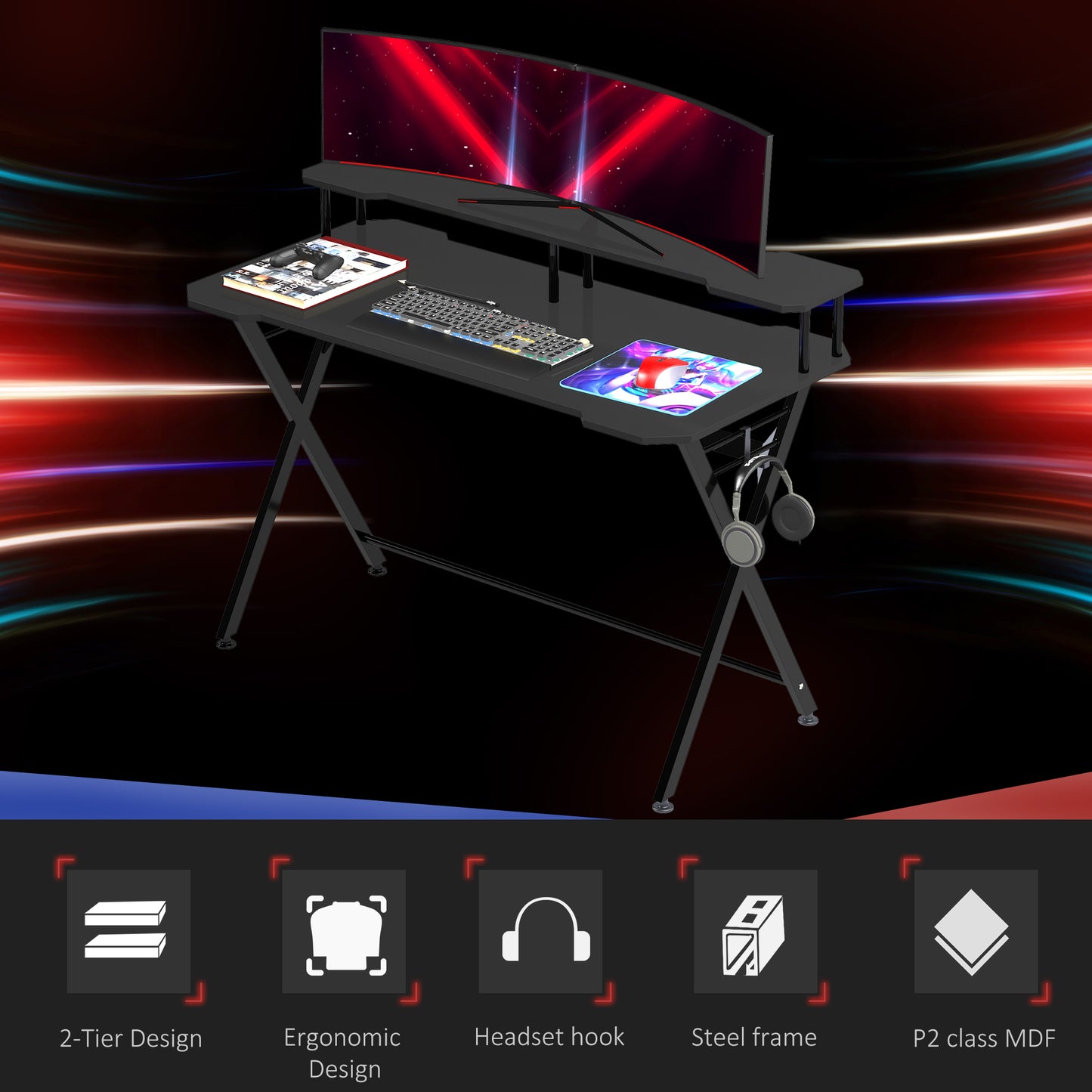 HOMCOM Gaming Desk Writing Racing Computer Table Workstation with Headphone Hook Curved Front Adjustable Feet for Home Office Use 140 x 60cm