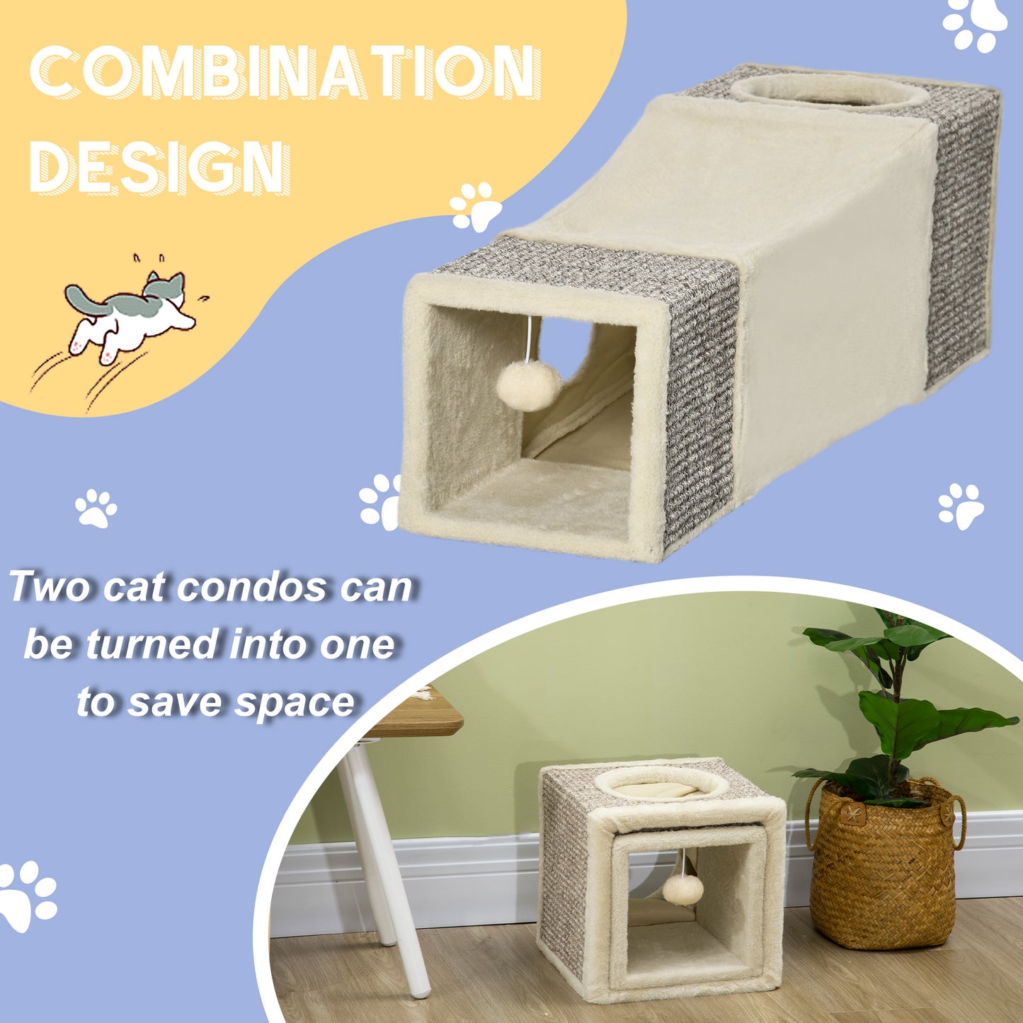 PawHut Cat Tunnel, Plush Large Play Tunnel with Two Caves and Hanging Ball, Cream White