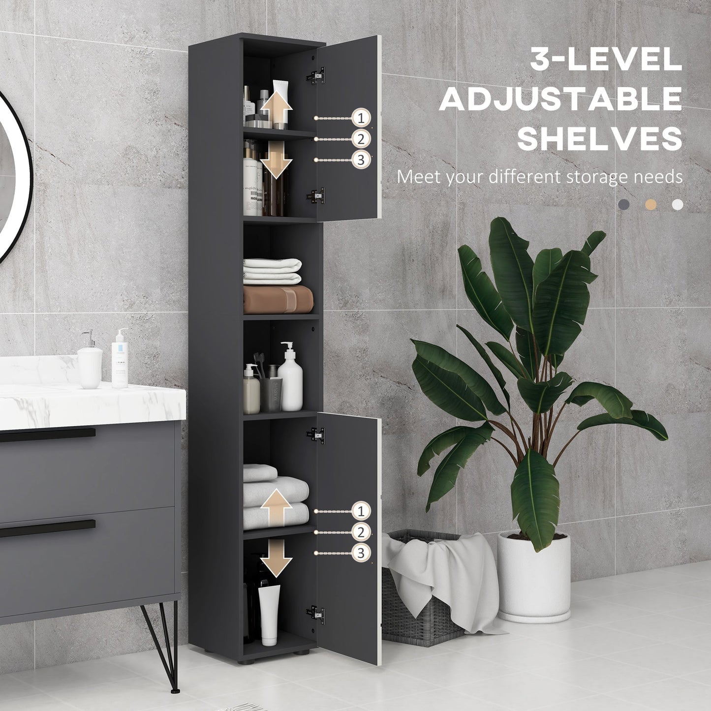 kleankin Line Embossed Tall Bathroom Storage Cabinet - Grey
