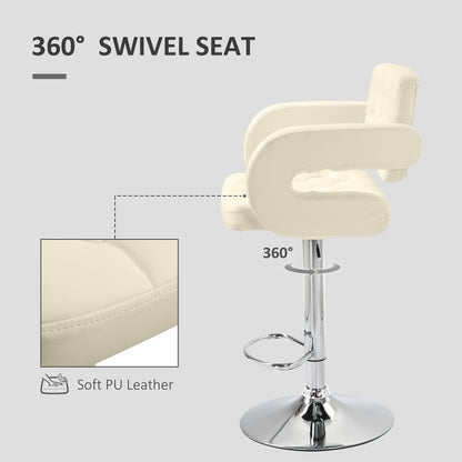 Upholstered Swivel Bar Stool, Set of 2 Height Adjustable Barstool with Back, Armrest, Footrest for Kitchen, White