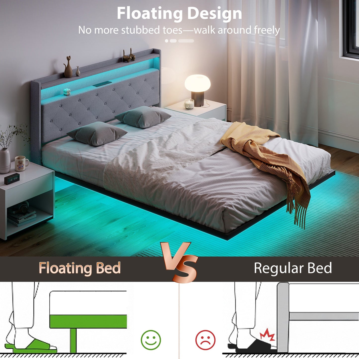 HOMCOM Floating Bed Frame, Upholstered 5ft King Size Bed, Platform Bed with RGB LED Lights and Charging Station, Grey