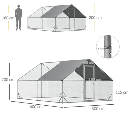 PawHut Chicken Walk-in Run, Galvanised Chicken Coop, Hen Poultry House Cage, Rabbit Hutch Pet Playpen Garden w/ Water-Resist Cover, 3 x 4 x 2m