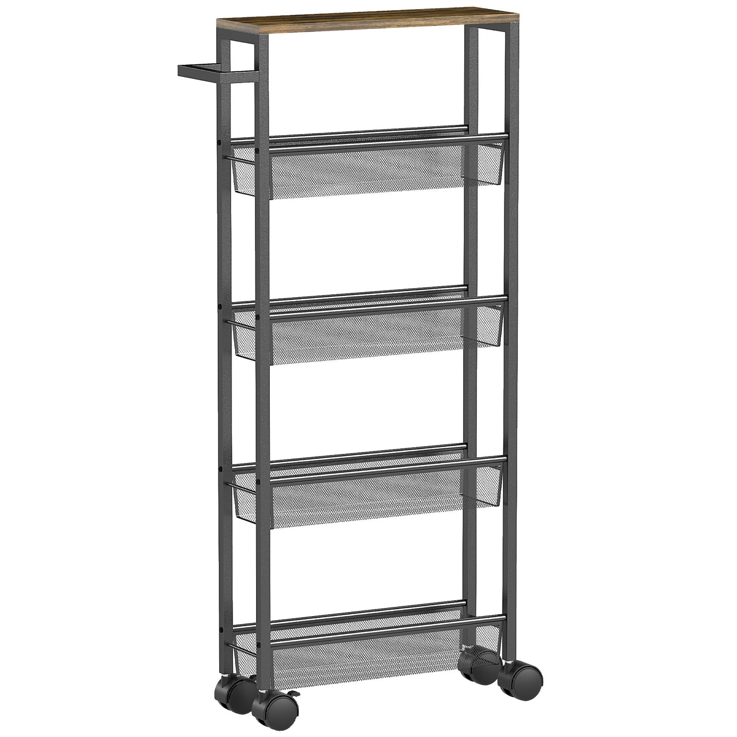 HOMCOM Slim Storage Trolley, 5-Tier Kitchen Cart on Wheels with Wood-effect Top, Handle for Living Room, Bathroom, Black