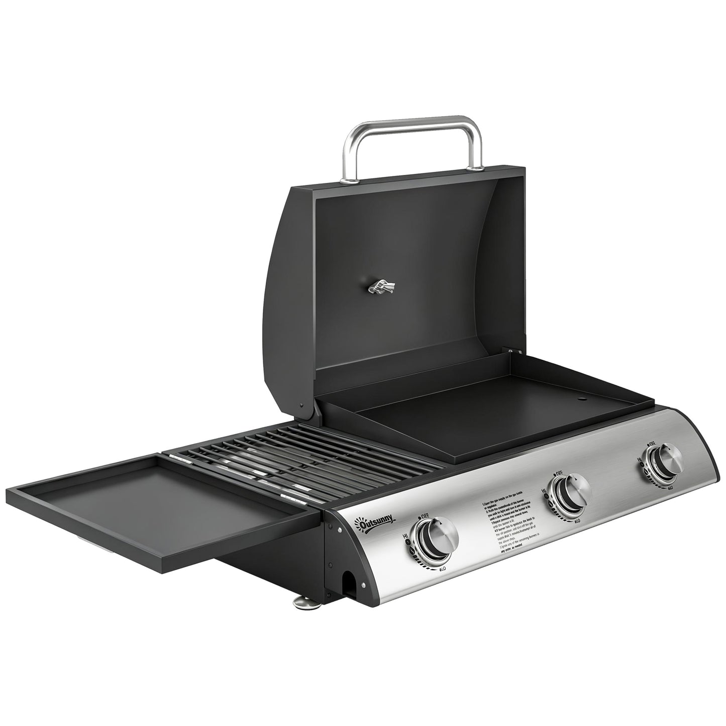 Outsunny 3 Burner Portable Gas Plancha BBQ Grill, 8.1 kW Outdoor Tabletop Gas Barbecue Grill with Griddle, Thermometer,, Black