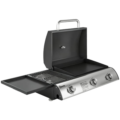 Outsunny 3 Burner Portable Gas Plancha BBQ Grill, 8.1 kW Outdoor Tabletop Gas Barbecue Grill with Griddle, Thermometer,, Black