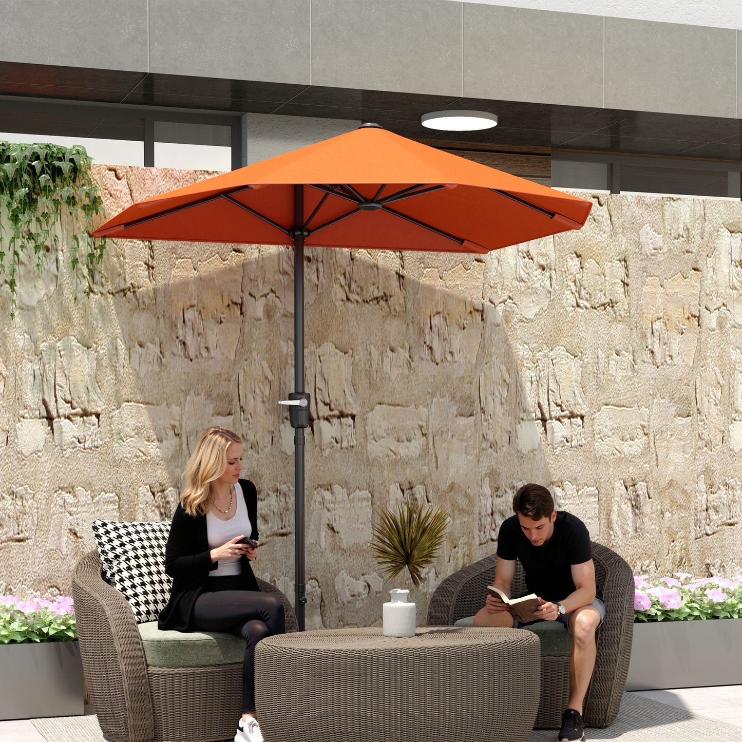 Outsunny 2m Half Parasol Umbrella - Orange