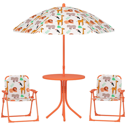 AIYAPLAY Kids Patio Set, Children Table and Chair Set, Outdoor Picnic Table with 2 Folding Chairs and Umbrella, Orange