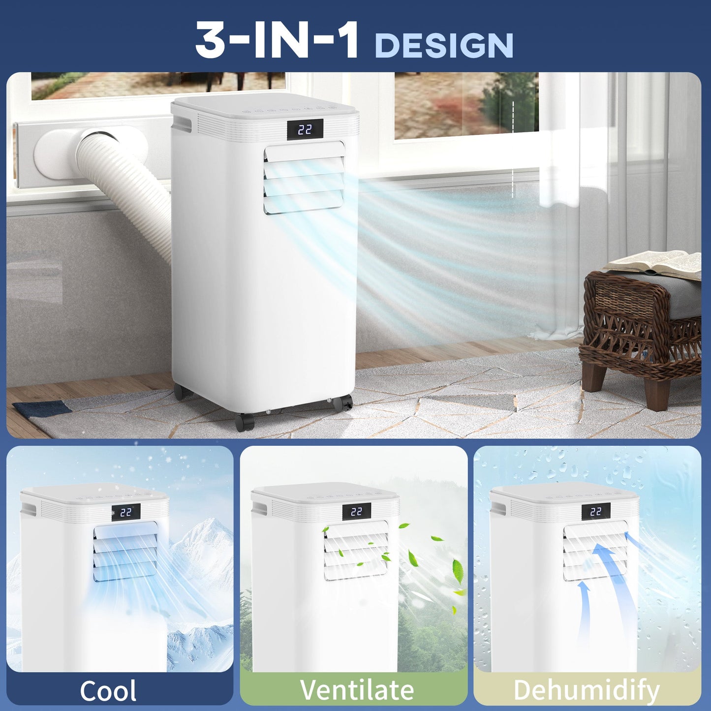 HOMCOM 8000 BTU Air Conditioning Unit, 3-in-1 Portable Air Conditioner, Dehumidifier, Cooling Fan with Remote Control, Digital Display, 2 Speeds, 24H Timer, Window Venting Kit, 18mÂ²