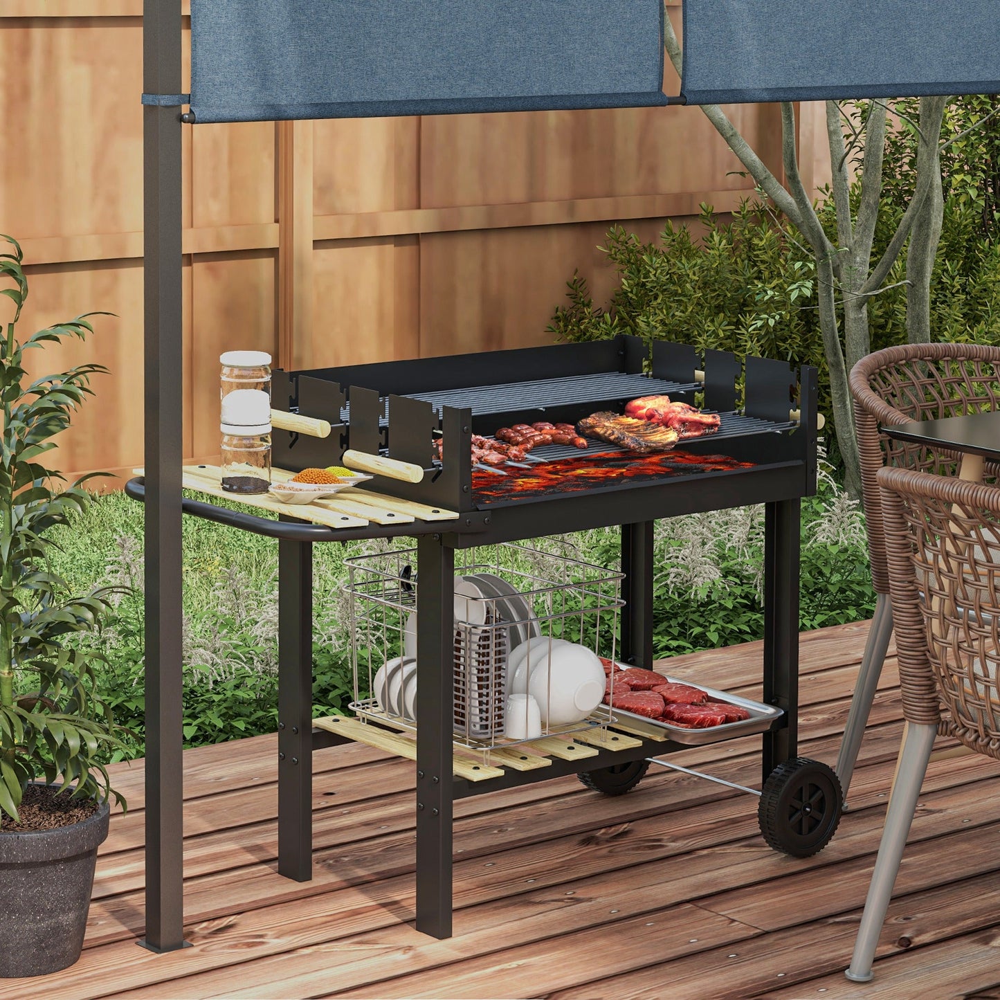 Outsunny CharcoalÂ BBQÂ Grill, BarbecueÂ Trolley with Double Adjustable Grill, Side Table, Storage Shelf and Wheels for Outdoor Garden Party Cooking, Black