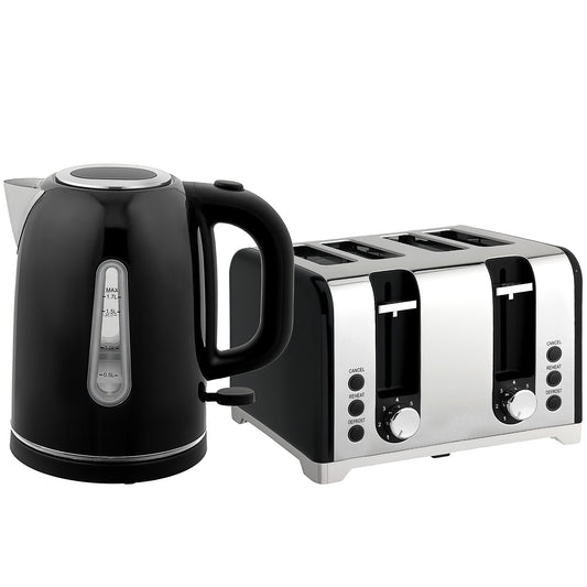 HOMCOM Kettle and Toaster Set, 1.7L 3000W Rapid Boil Jug Kettle with Otter Thermostat, Limescale Filter, 4 Slice Toaster with 7 Browning Controls, Crumb Tray, LED Strip, Black