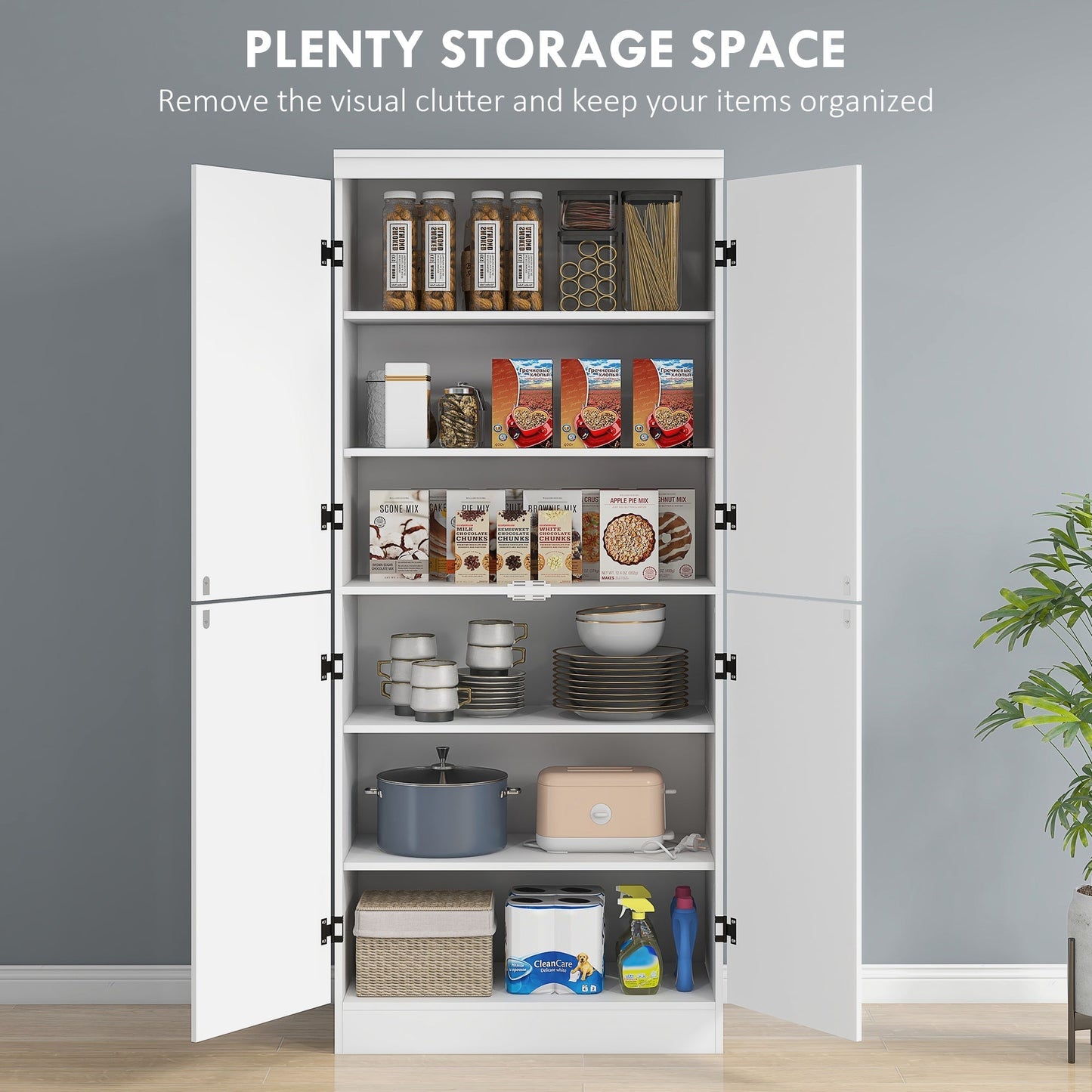 HOMCOM 4-Door Tall Kitchen Cupboard, Freestanding 6-Tier Storage Cabinet with 2 Adjustable Shelves for Living Room, Dining Room, White