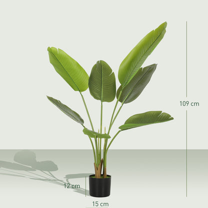 HOMCOM 109cm Artificial Bird of Paradise Plant, Faux Banana Leaf Tree with PEVA Leaves and Flocking, Decorative Palm Tree in Pot for Home Office Decor, Green