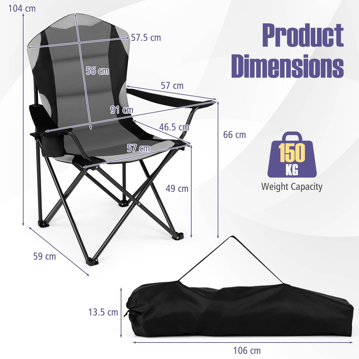 1 Pieces Folding Camping Chairs for Adults with Cup Holders-Black