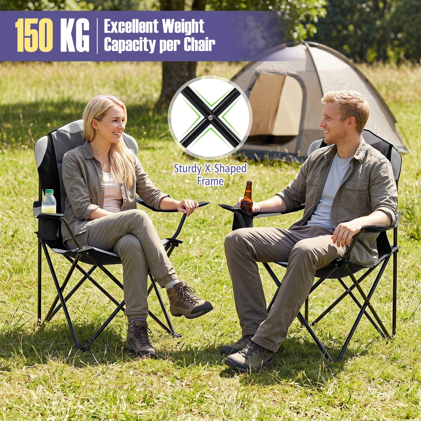 1 Pieces Folding Camping Chairs for Adults with Cup Holders-Black