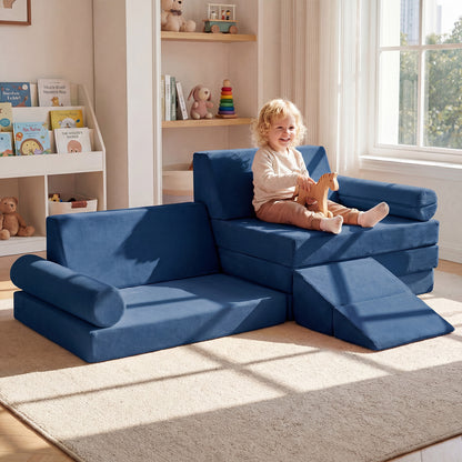 10-Piece Kids Climb and Crawl Foam Playset with Soft Crystal Velvet-Blue