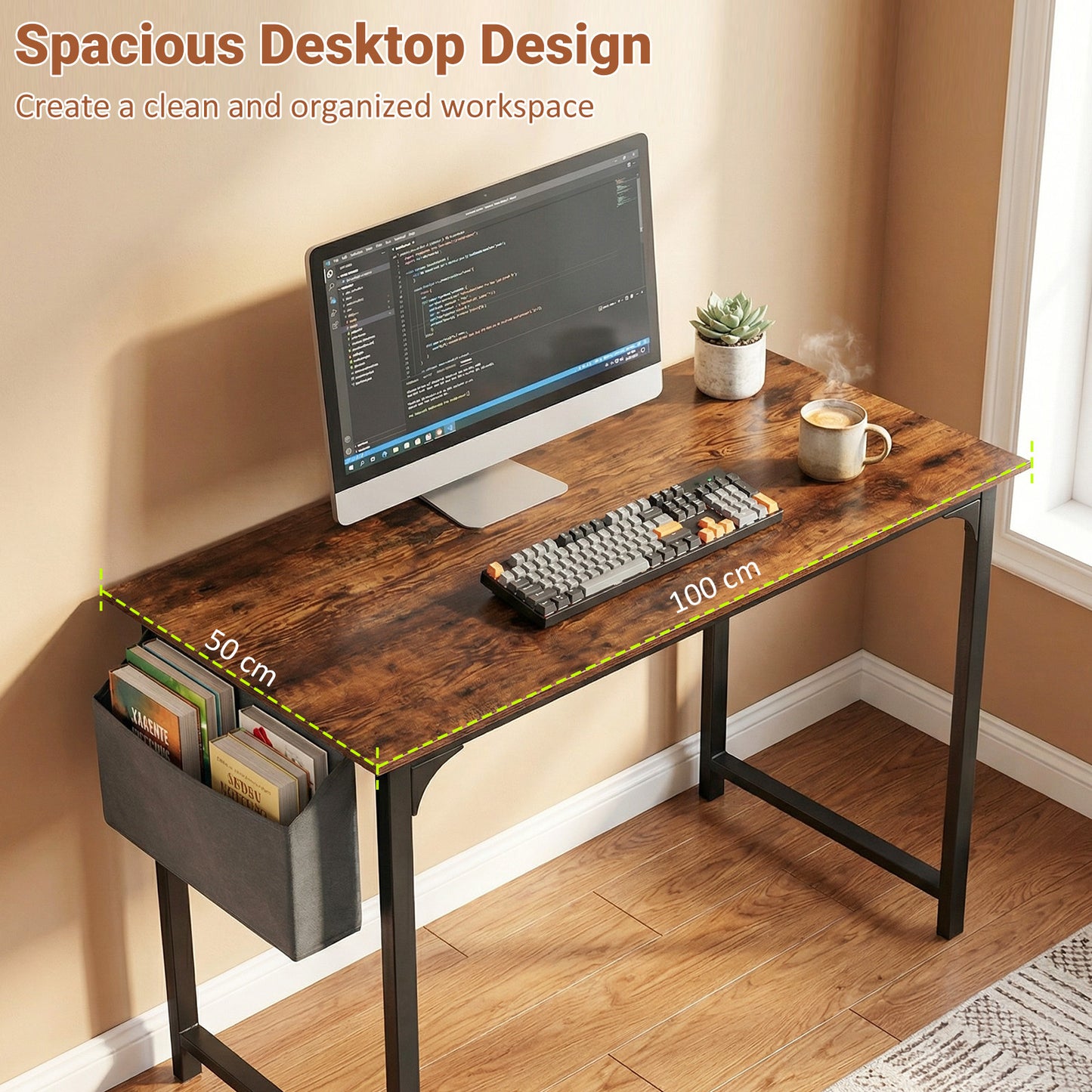 100 CM Computer Desk with Storage Bag and Hanging Hook-Rustic Brown