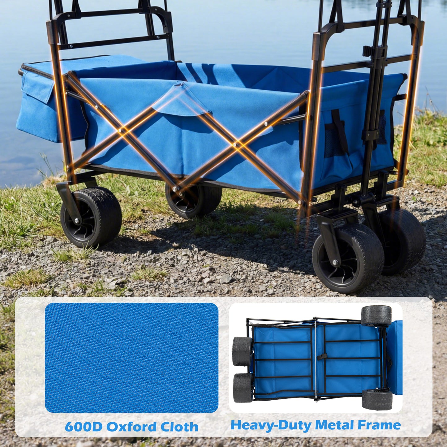 100 L Folding Garden Cart with Adjustable Handles and Canopy-Blue