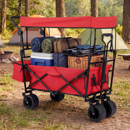 100 L Folding Garden Cart with Adjustable Handles and Canopy-Red