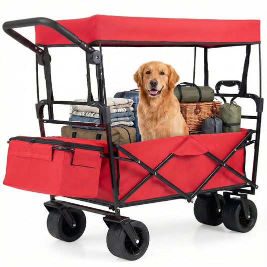 100 L Folding Garden Cart with Adjustable Handles and Canopy-Red
