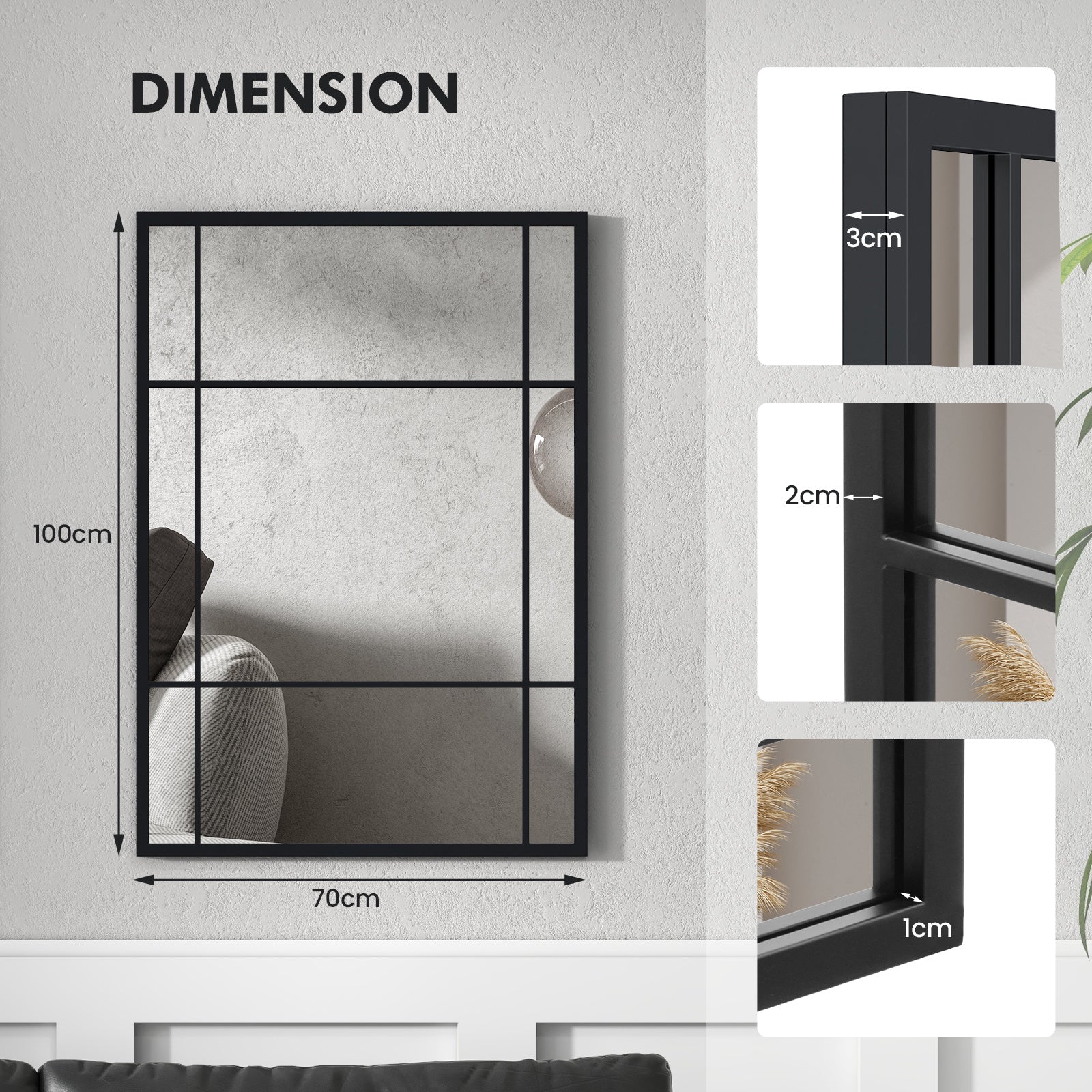 100 cm x 70 cm Wall Mounted Mirror Metal Framed Hanging Mirror for Living Room-Black