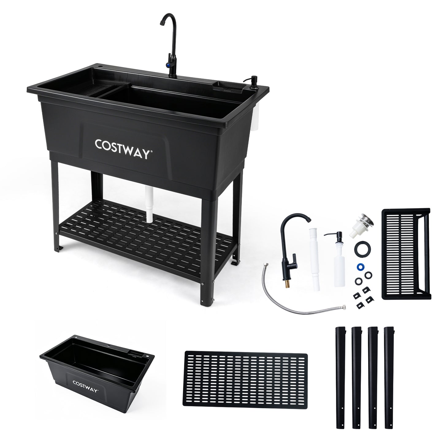 100L Utility Sink Laundry Tub with Rotating Faucet Storage Shelf Drip Tray Adjustable Legs-Black