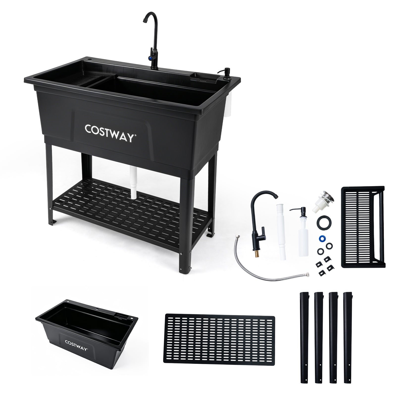 100L Utility Sink Laundry Tub with Rotating Faucet Storage Shelf Drip Tray Adjustable Legs-Black