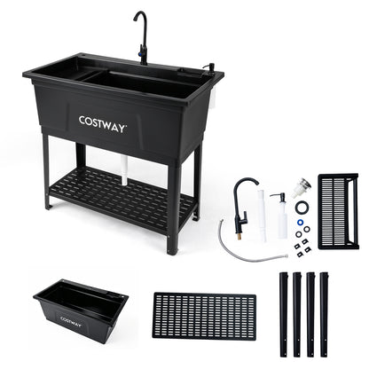 100L Utility Sink Laundry Tub with Rotating Faucet Storage Shelf Drip Tray Adjustable Legs-Black