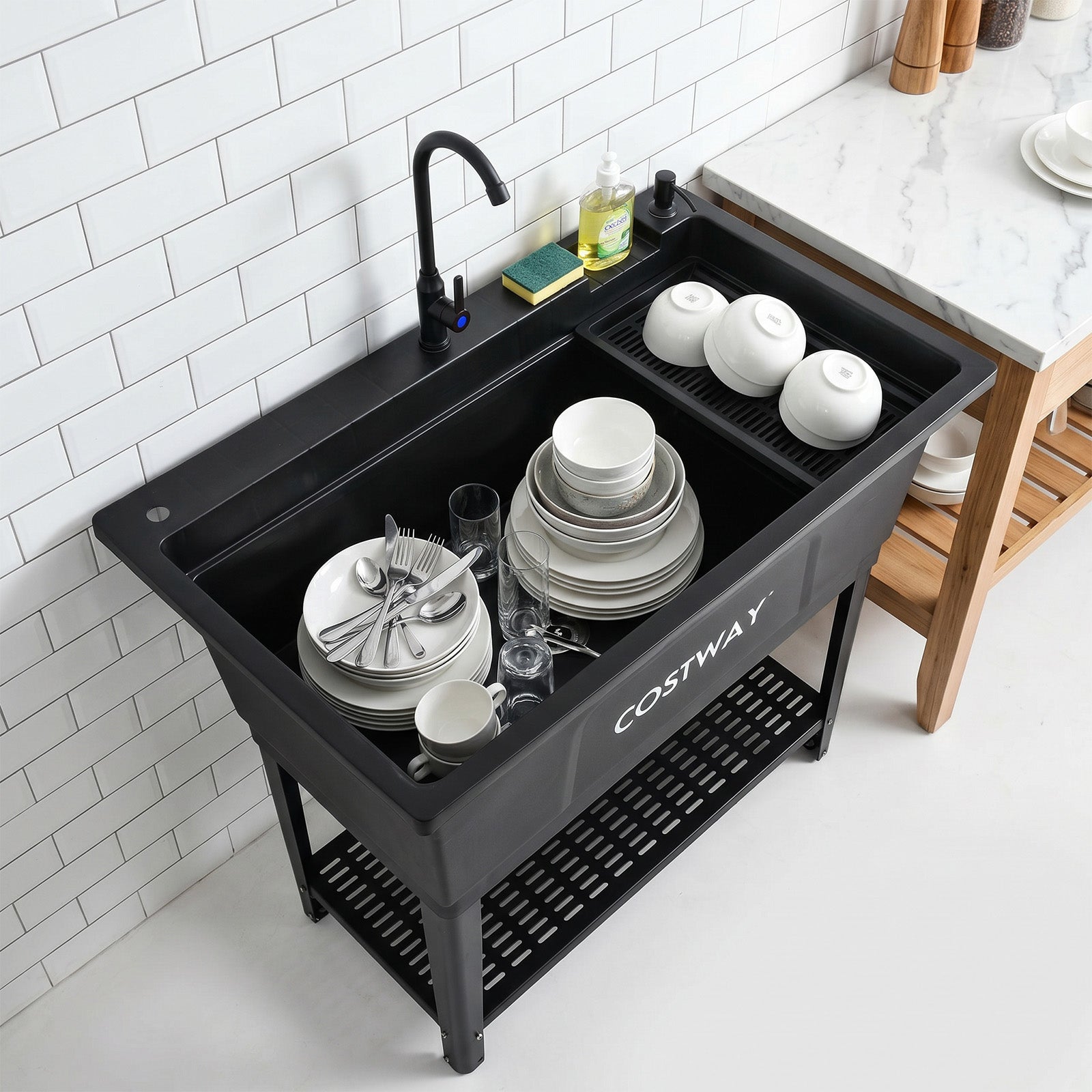100L Utility Sink Laundry Tub with Rotating Faucet Storage Shelf Drip Tray Adjustable Legs-Black