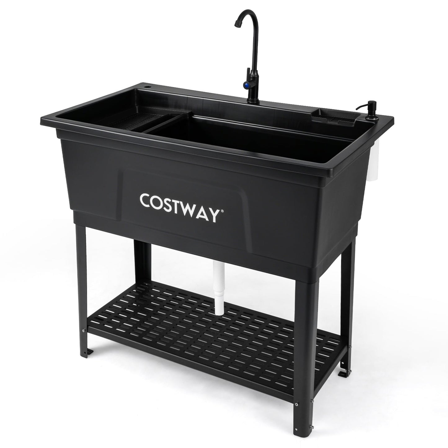 100L Utility Sink Laundry Tub with Rotating Faucet Storage Shelf Drip Tray Adjustable Legs-Black