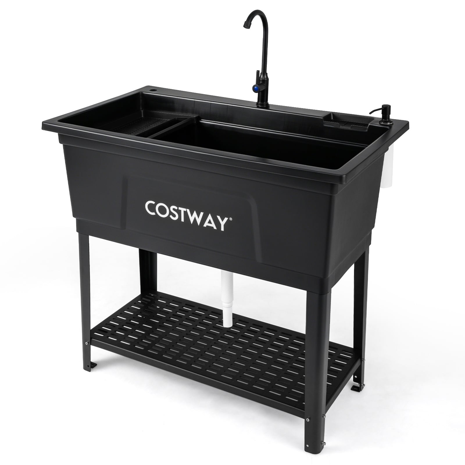 100L Utility Sink Laundry Tub with Rotating Faucet Storage Shelf Drip Tray Adjustable Legs-Black