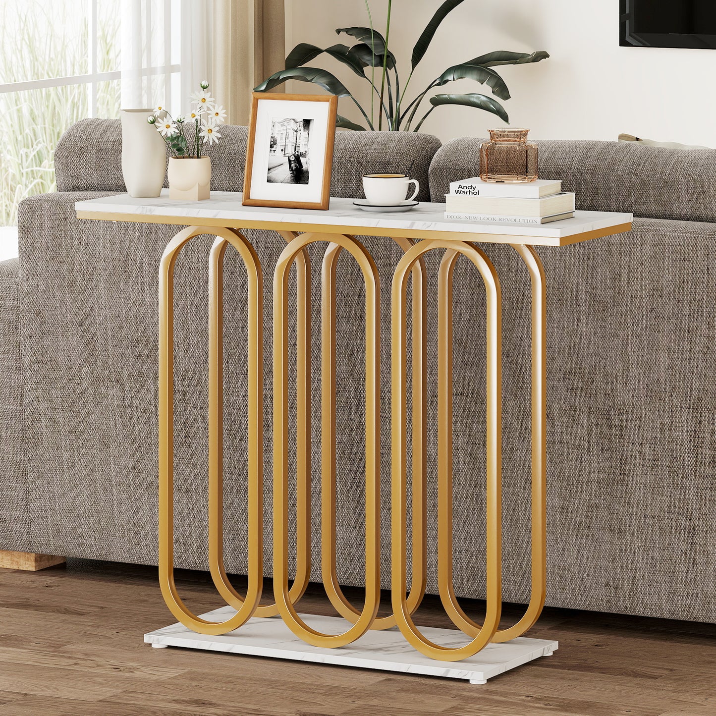 100 CM Faux Marble Entryway Table with Adjustable Foot Pads-White