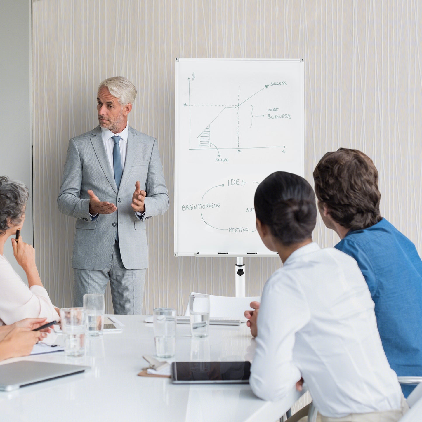 100 cm x 65 cm Height-Adjustable Magnetic Whiteboard on Wheels-White