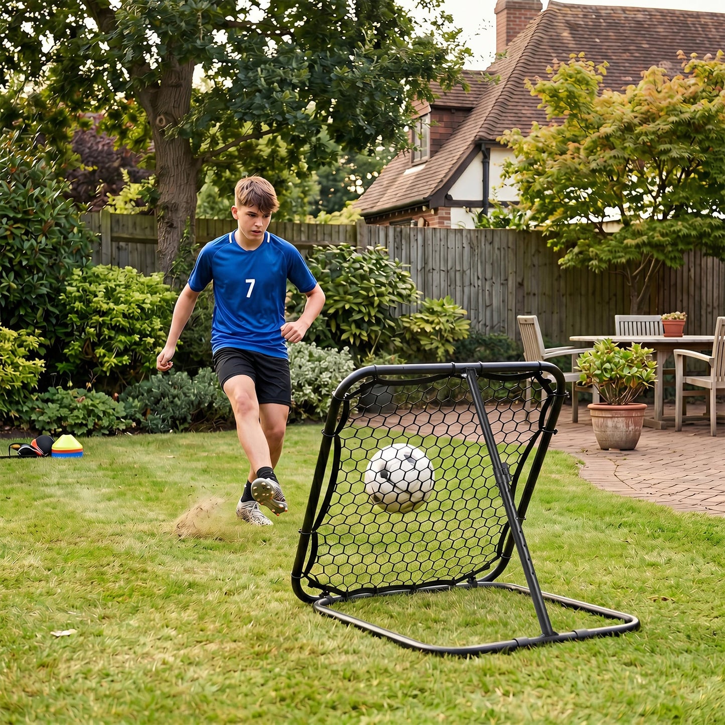 101 x 101 cm Football Rebounder with 7 Adjustable Angles and 4 Ground Stakes