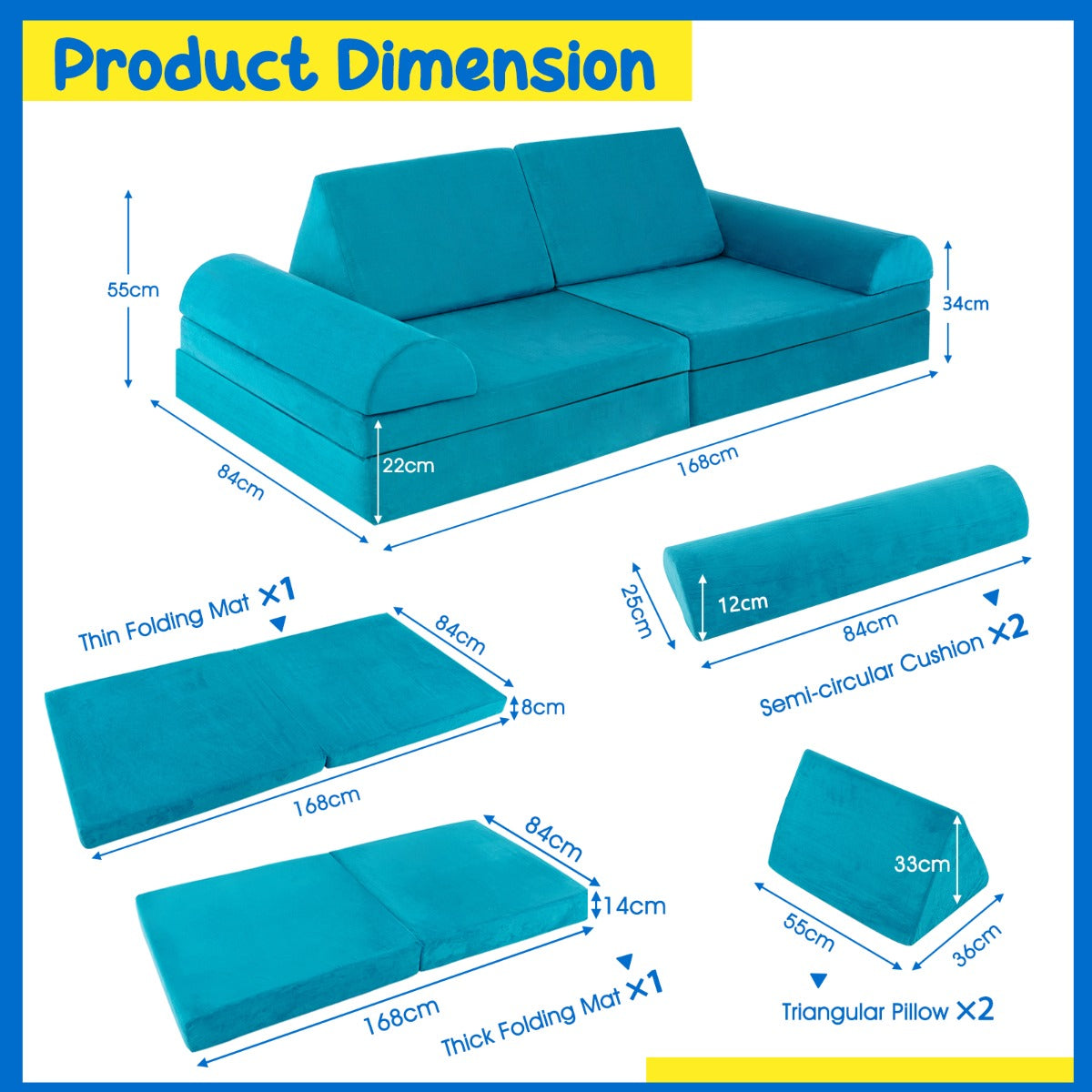 6 Pieces Modular Convertible  Kids Play Couch Sofa-Green