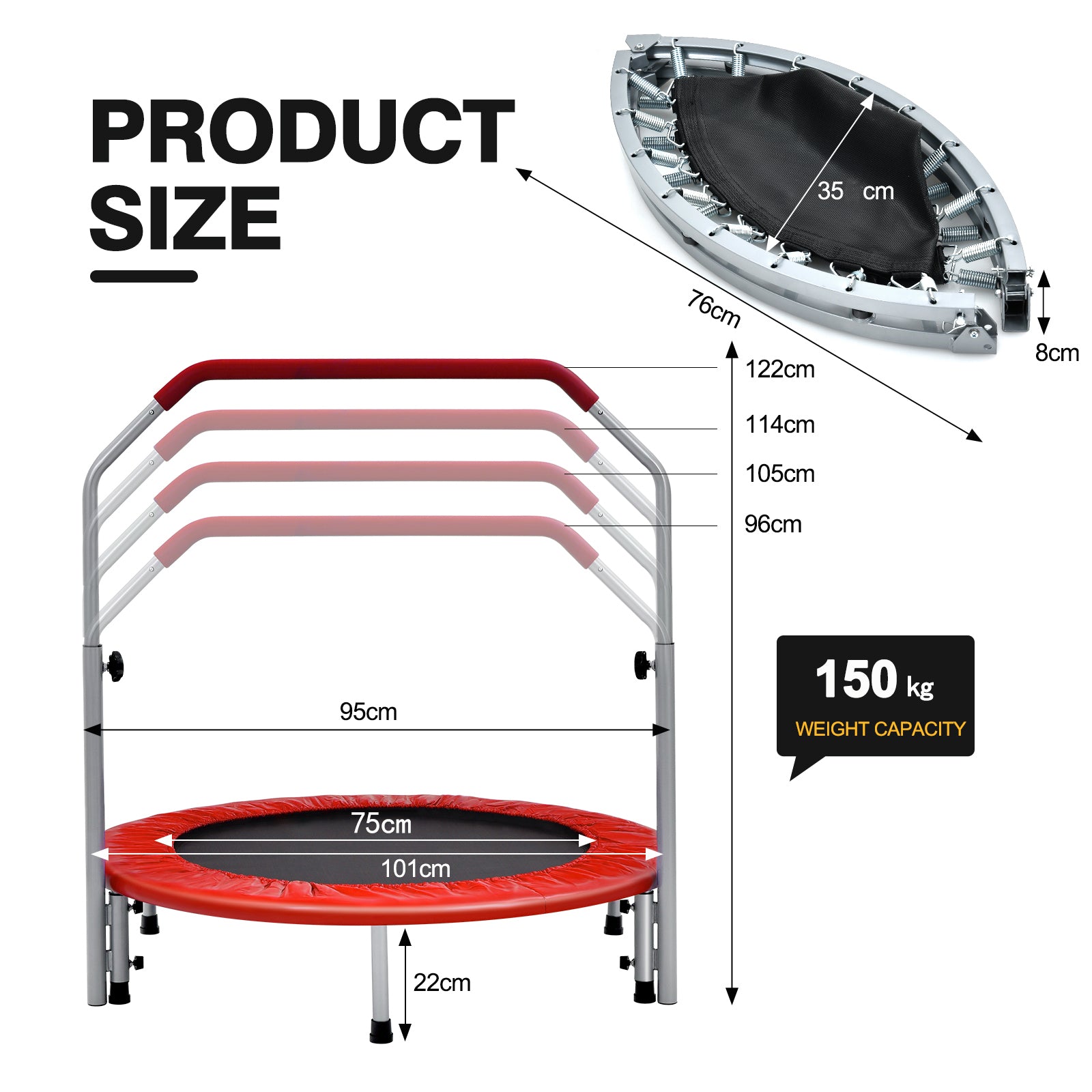 101cm Foldable Trampoline with 4-Level Adjustable Handle for Adults-Red