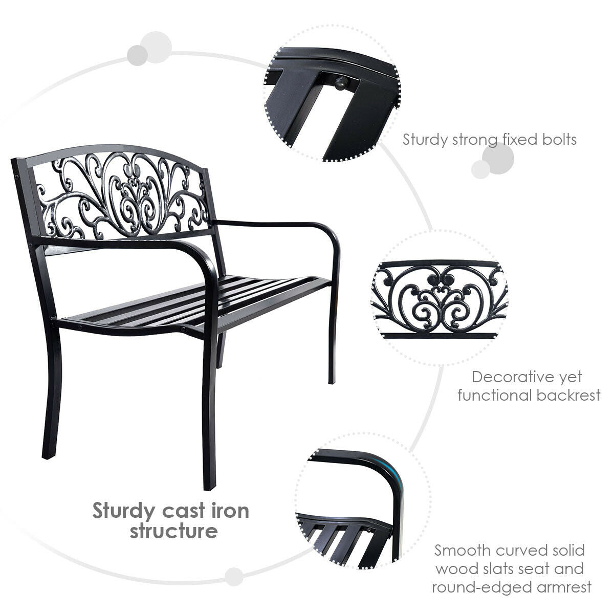 Patio Garden Bench with Steel Cast Iron Frame