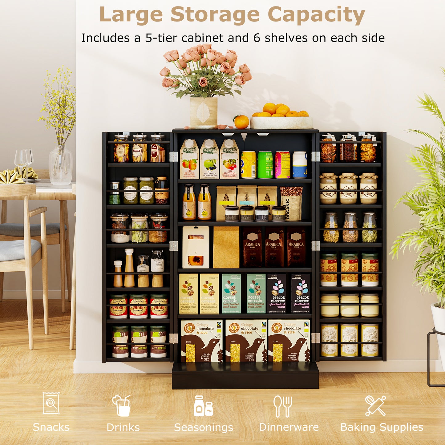 104cm Tall Kitchen Pantry Storage Cabinet with Doors and Adjustable Shelves-Black