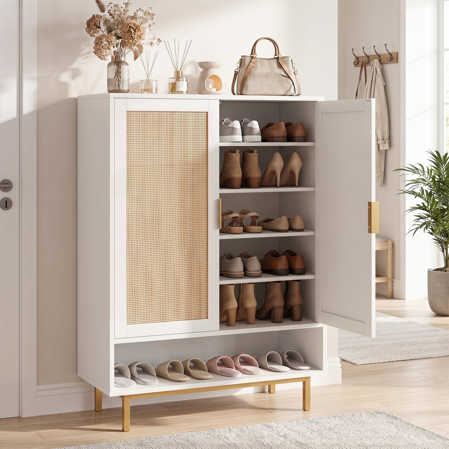 108CM Tall Shoe Cabinet 6-Tier with 2 Doors and Adjustable Shelves-White