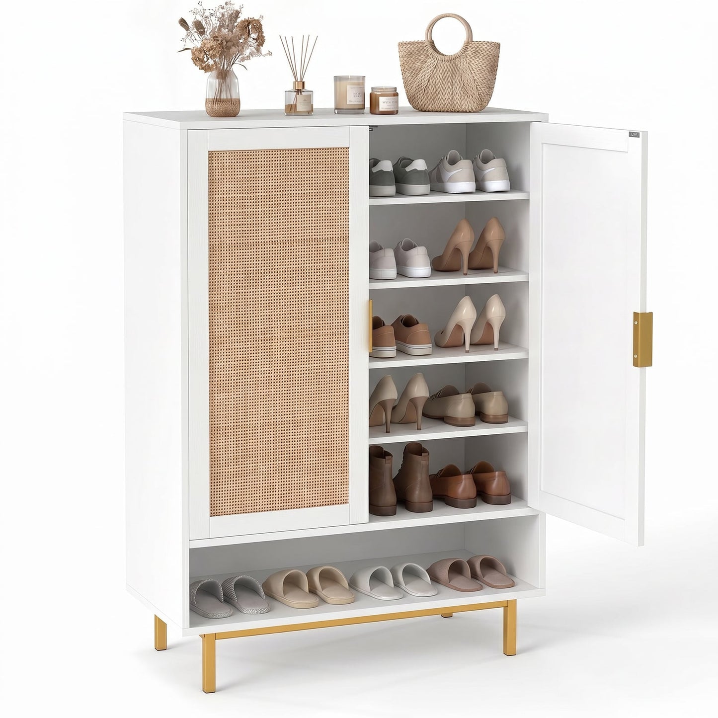 108CM Tall Shoe Cabinet 6-Tier with 2 Doors and Adjustable Shelves-White