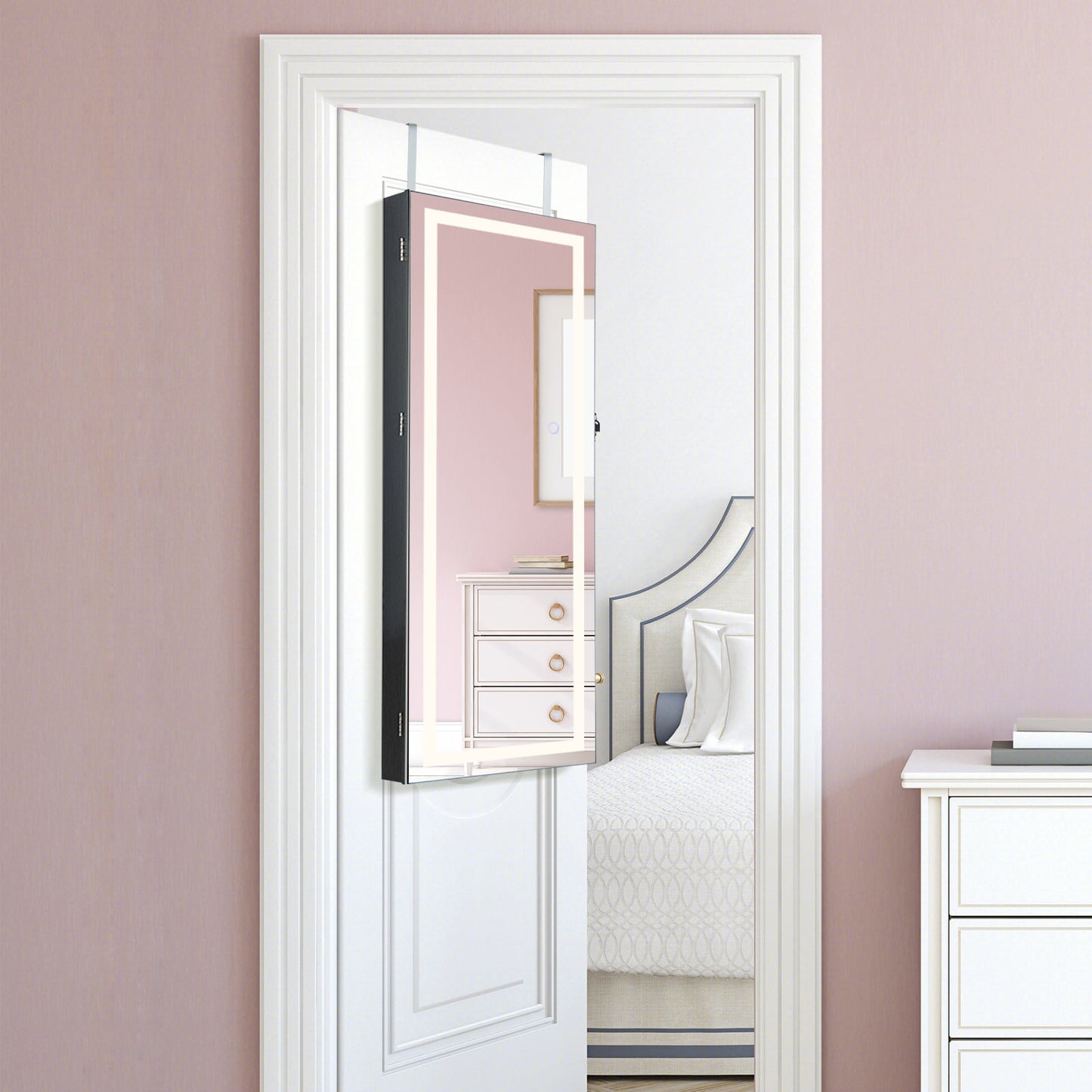 108cm Lockable Jewelry Mirror Cabinet with 3-Color LED Lights-Black1