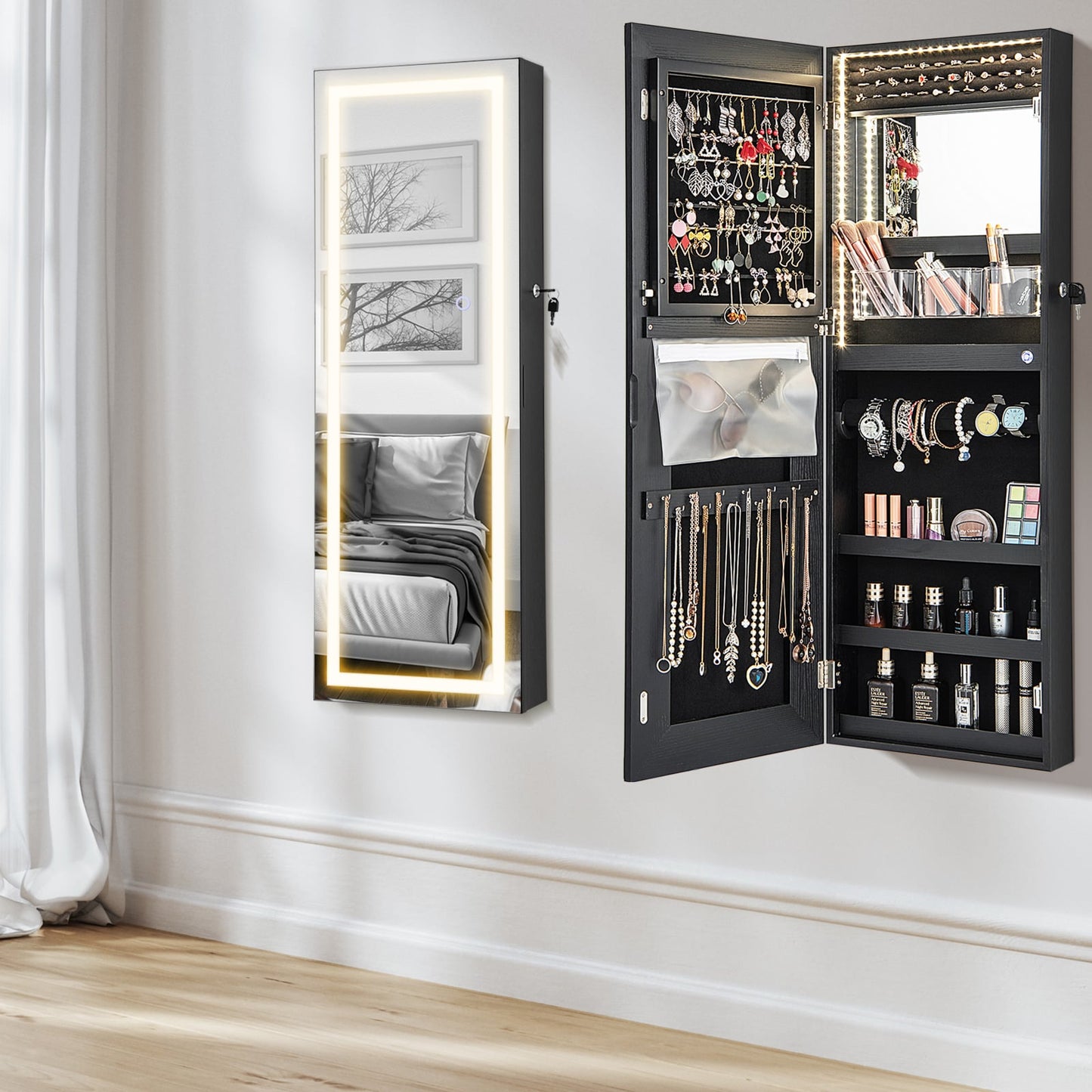 108cm Lockable Jewelry Mirror Cabinet with 3-Color LED Lights-Black1