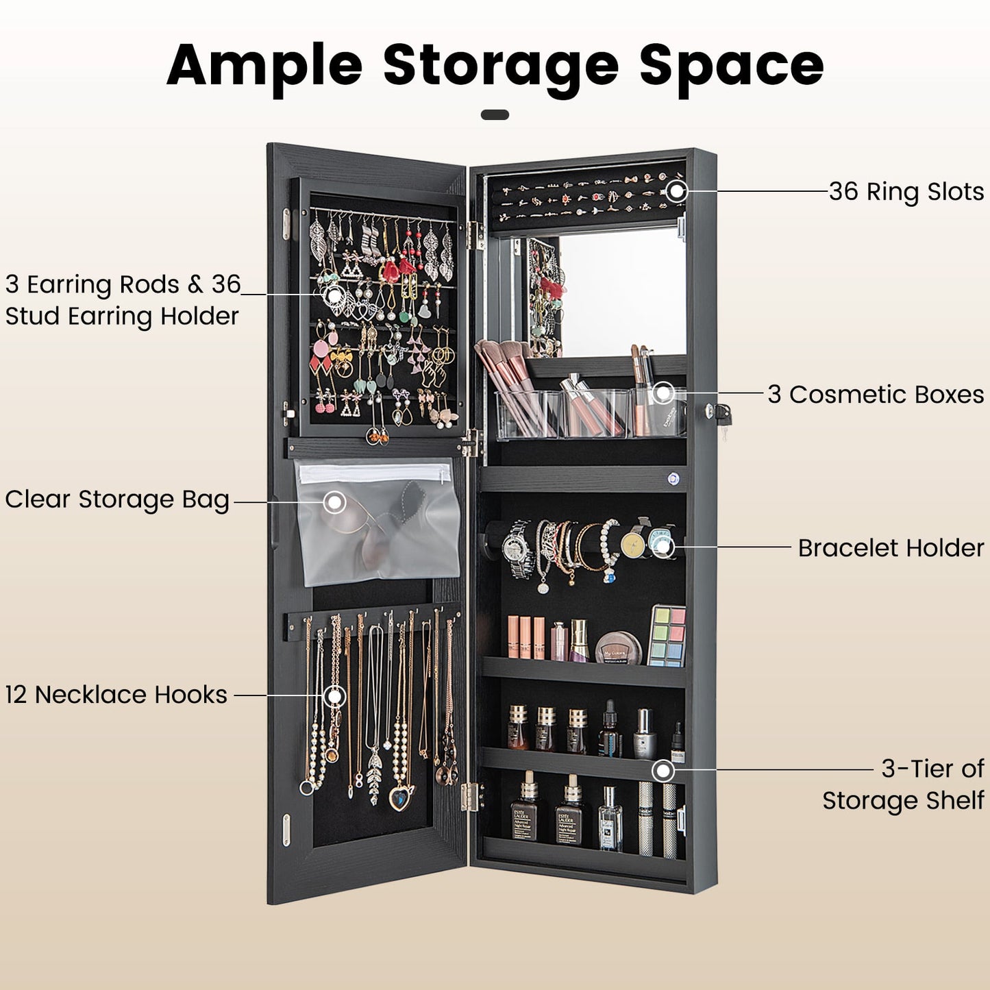 108cm Lockable Jewelry Mirror Cabinet with 3-Color LED Lights-Black1