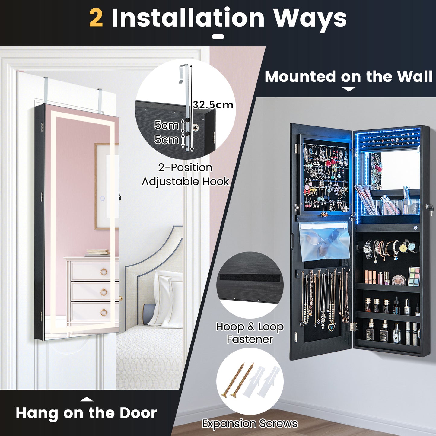 108cm Lockable Jewelry Mirror Cabinet with 3-Color LED Lights-Black1