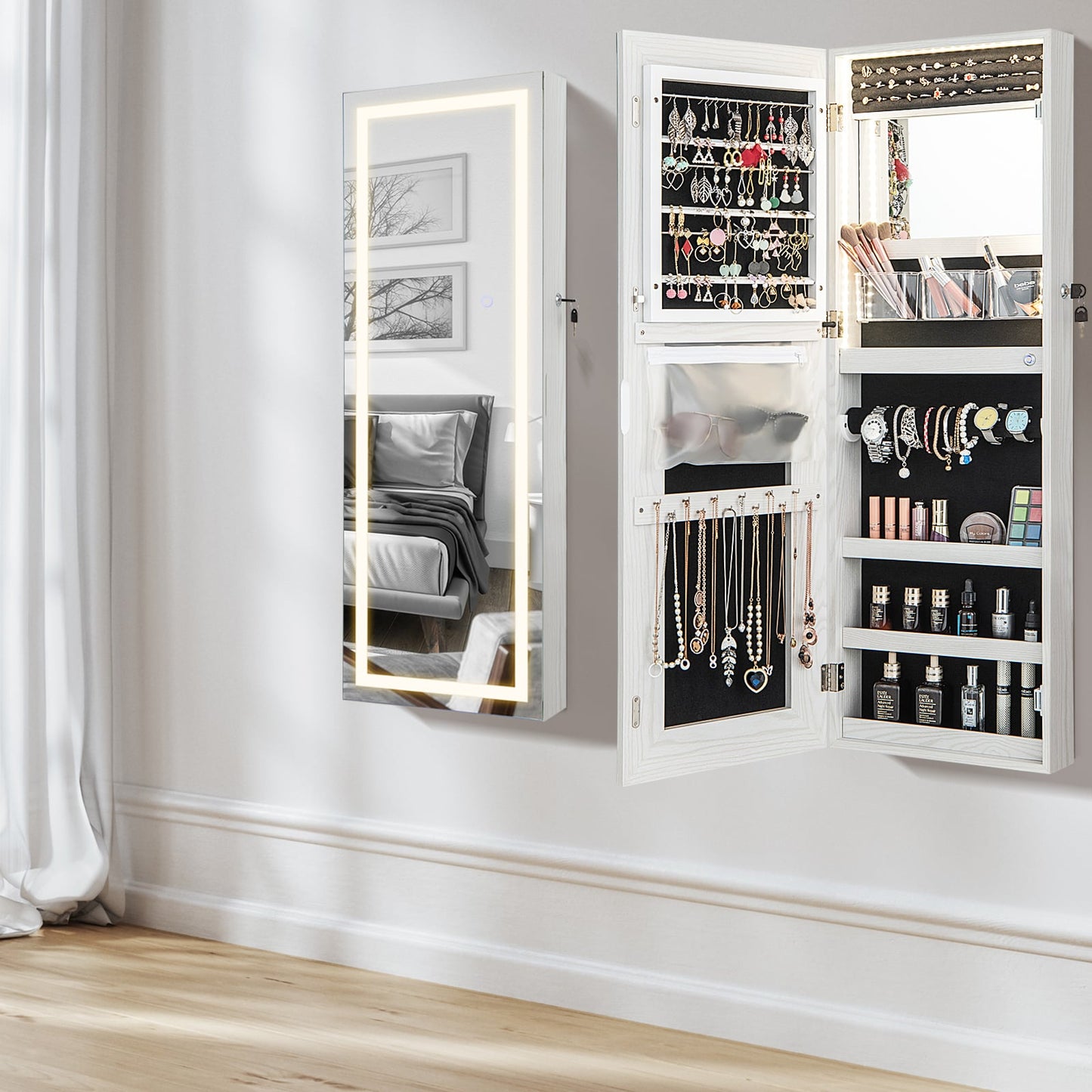 108cm Lockable Jewelry Mirror Cabinet with 3-Color LED Lights-White