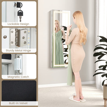 108cm Lockable Jewelry Mirror Cabinet with 3-Color LED Lights-White