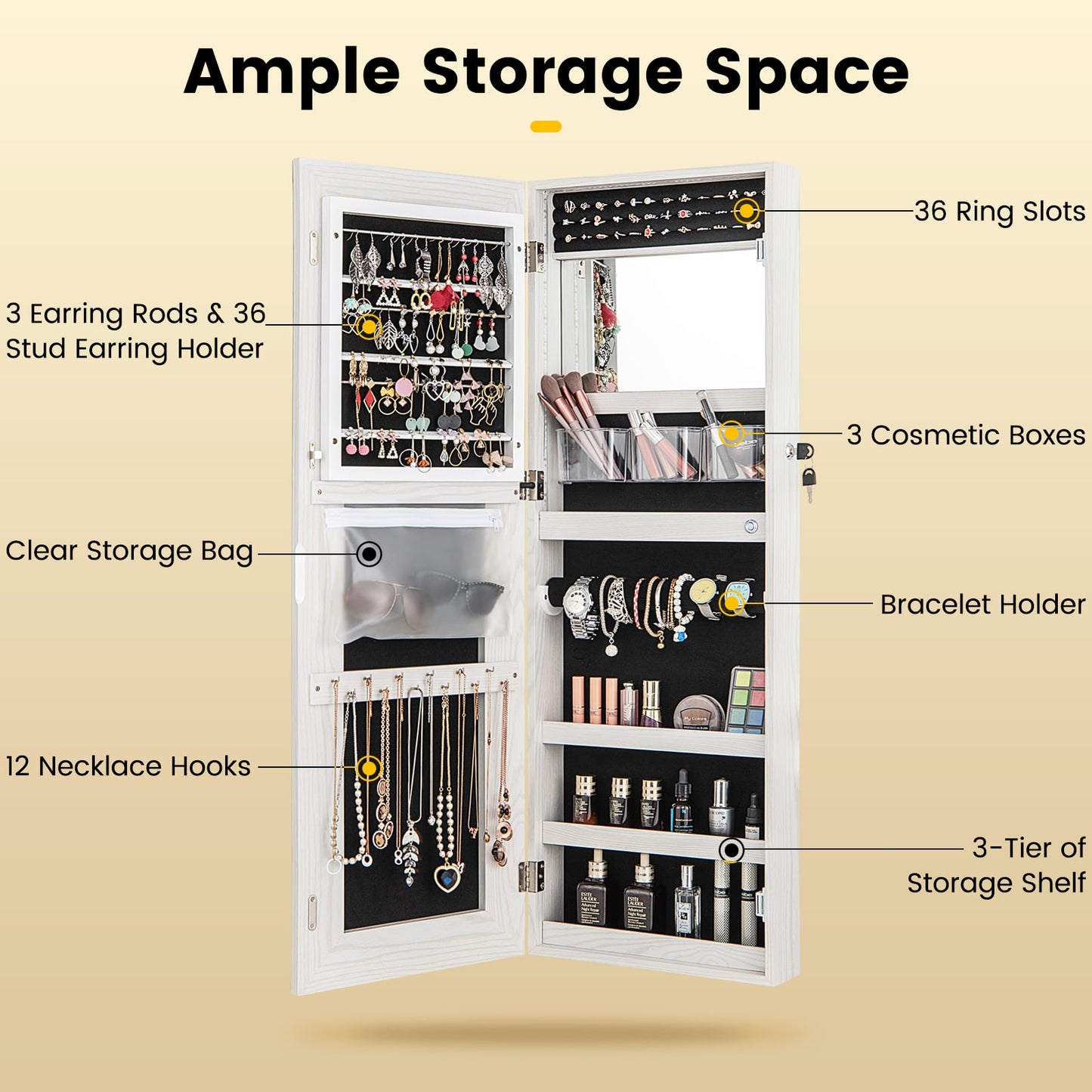 108cm Lockable Jewelry Mirror Cabinet with 3-Color LED Lights-White