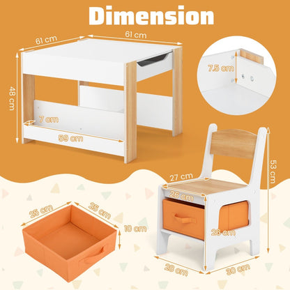4 in 1 Kids Table and Chairs Set with Reversible Tabletop and Bookshelves-Natural